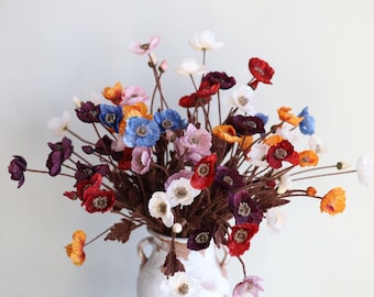 Flor de amapola de seda de 20", flor artificial de color azul violeta polvoriento, decoración para bodas, hogar y regalos de otoño