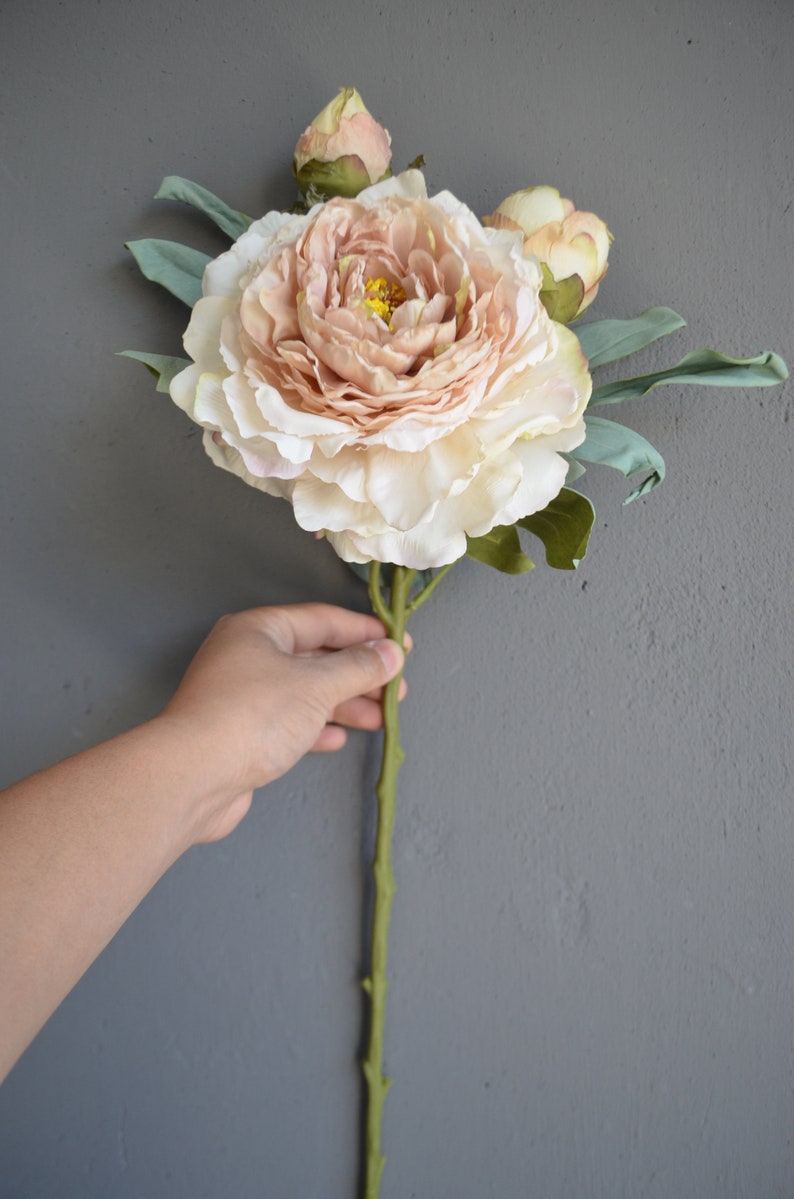 May include: A single artificial peony flower in a light pink and cream colour. The flower has a green stem and leaves.