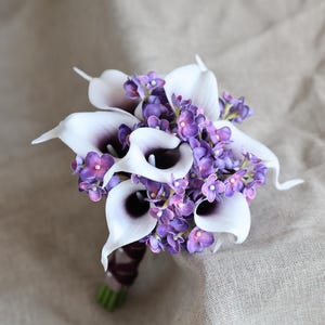 Calla Lilies Wedding Package-Picasso Purple Calla Lilies Silk Bridal Bouquet Real Touch Flowers PU Real Touch Roses toss bouquet