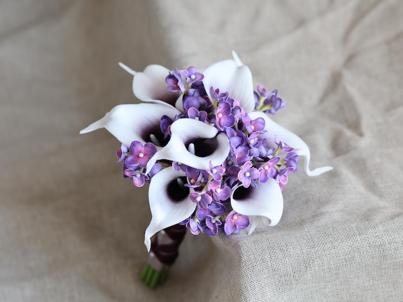Calla Lilies Wedding Package-Picasso Purple Calla Lilies Silk Bridal Bouquet Real Touch Flowers PU Real Touch Roses toss bouquet