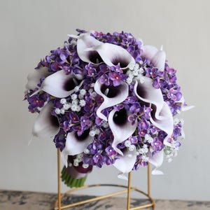 Calla Lilies Wedding Package-Picasso Purple Calla Lilies Silk Bridal Bouquet Real Touch Flowers PU Real Touch Roses bridalbouquet 10inch