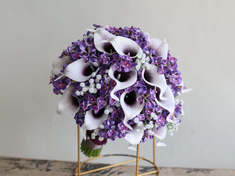 Calla Lilies Wedding Package-Picasso Purple Calla Lilies Silk Bridal Bouquet Real Touch Flowers PU Real Touch Roses bridalbouquet 10inch