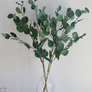 Op de afbeelding: Een bos kunstmatige eucalyptus takken in een heldere glazen vaas met een textuur. De vaas staat op een houten oppervlak.