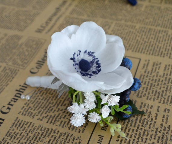 White Anemone Boutonniere Real Touch Flowers Anemone With Navy ...