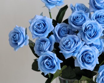 May include: A bouquet of light blue roses in a clear glass vase. The roses have multiple layers of petals and dark green leaves. The vase is filled with water and stems, set against a plain white background.