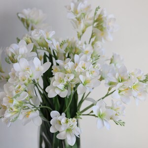 May include: A bouquet of white freesia flowers in a clear glass vase. The flowers are arranged in a loose, natural style, with some of the stems extending beyond the vase.