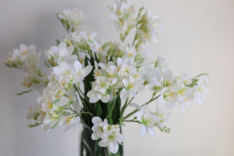 May include: A bouquet of white freesia flowers in a clear glass vase. The flowers are arranged in a loose, natural style, with some of the stems extending beyond the vase.