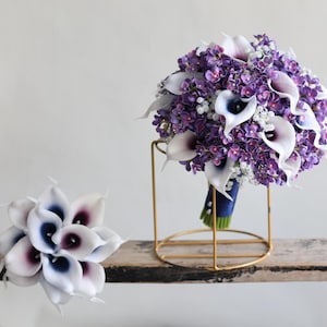 Navy Plum Calla Lilies Bouquets Silk Bridal Bouquet Boutonnieres Bridesmaids Bouquet Real Touch Flowers wddding bouquet