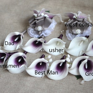 Calla Lilies Wedding Package-Picasso Purple Calla Lilies Silk Bridal Bouquet Real Touch Flowers PU Real Touch Roses image 5