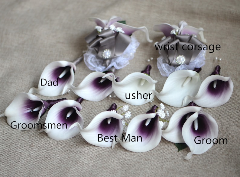 Calla Lilies Wedding Package-Picasso Purple Calla Lilies Silk Bridal Bouquet Real Touch Flowers PU Real Touch Roses image 5
