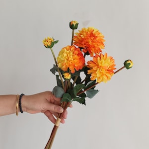3 stems Silk Dahlia, Artificial Dahlia, Faux Dahlia, Artificial Flowers, Orange Flowers/Garden Flower Gift/Fake Dahlia