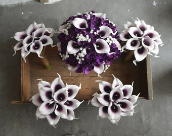 Calla Lilies Wedding Package-Picasso Purple Calla Lilies Silk Bridal Bouquet Boutonnieres Bridesmaids Bouquets Real Touch Flowers