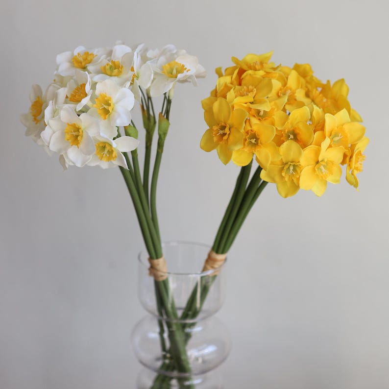 Peut inclure: Un bouquet de jonquilles blanches et jaunes dans un vase en verre transparent. Les fleurs sont dispos&eacute;es de mani&egrave;re sym&eacute;trique, les jonquilles blanches &agrave; gauche et les jonquilles jaunes &agrave; droite.