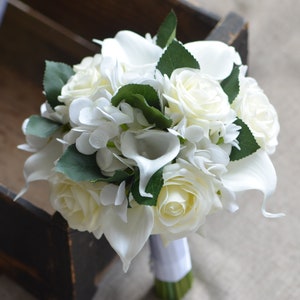 Rustic Bridesmaids Bouquet Ivory Roses Ivory Calla Lilies Hydrangeas Real Touch Flowers Silk Flower MOH Bouquets