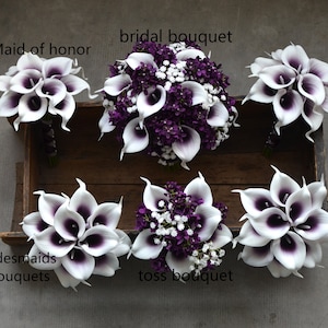 Calla Lilies Wedding Package-Picasso Purple Calla Lilies Silk Bridal Bouquet Real Touch Flowers PU Real Touch Roses
