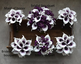 Calla Lilies Wedding Package-Picasso Purple Calla Lilies Silk Bridal Bouquet Real Touch Flowers PU Real Touch Roses