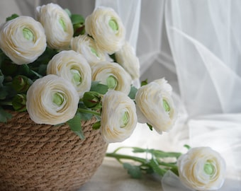 Faux Renoncule, Faux Renoncule de luxe, Renoncule de soie, Renoncule blanc, Fleurs artificielles en gros, Fleurs artificielles