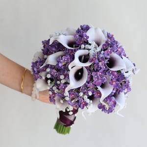Calla Lilies Wedding Package-Picasso Purple Calla Lilies Silk Bridal Bouquet Real Touch Flowers PU Real Touch Roses image 7