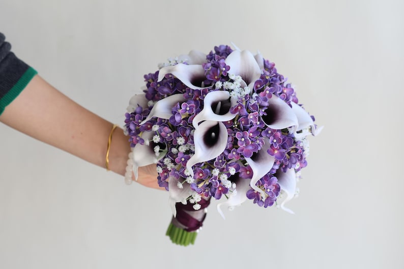 Calla Lilies Wedding Package-Picasso Purple Calla Lilies Silk Bridal Bouquet Real Touch Flowers PU Real Touch Roses image 7
