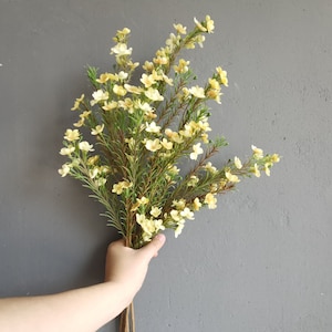 May include: A bouquet of yellow artificial flowers with green stems. The flowers are arranged in a loose, natural style.
