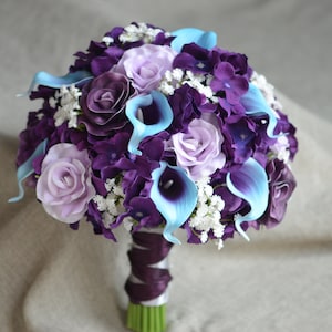 Blue Purple Bridal Bouquet Real Touch Calla Lilies Roses Silk Bridal Bouquets