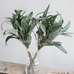 May include: A bouquet of artificial eucalyptus stems with green leaves and small green flower buds in a clear glass vase.