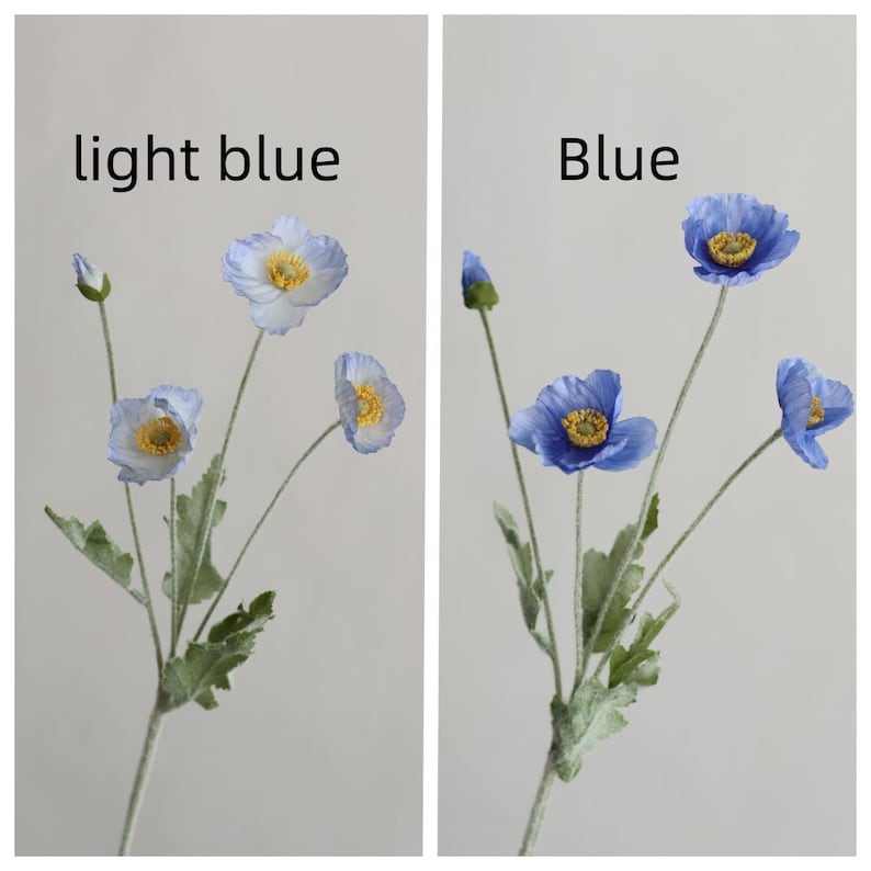 Peut inclure: Deux bouquets de fleurs de pavot artificielles, l'un en bleu clair et l'autre en bleu. Chaque bouquet a cinq fleurs et un bouton.