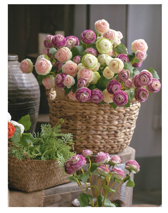Künstliche Ranunkel, kleine weiße Ranunkeln, Pfirsich-Ranunkeln, künstliche Blumenarrangements, künstliche Ranunkeln, Seiden-Ranunkeln