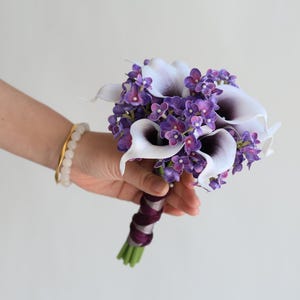 Calla Lilies Wedding Package-Picasso Purple Calla Lilies Silk Bridal Bouquet Real Touch Flowers PU Real Touch Roses image 8