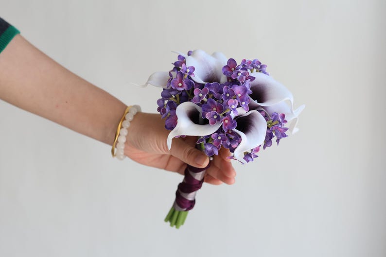 Calla Lilies Wedding Package-Picasso Purple Calla Lilies Silk Bridal Bouquet Real Touch Flowers PU Real Touch Roses image 8