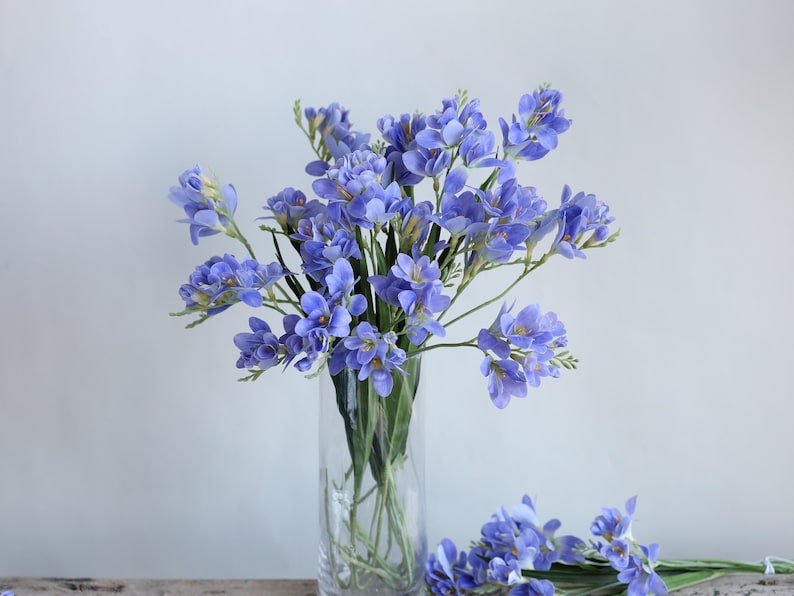 Puede incluir: Un ramo de flores de fresia moradas en un jarr&oacute;n de vidrio transparente. Las flores est&aacute;n dispuestas en un estilo suelto y natural.