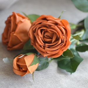 3 Heads! Terracotta Flowers, Fall Decoration, Burnt Orange Roses, Toffee Rose, Rust flowers, Real Touch Roses, Cabbage Rose1548