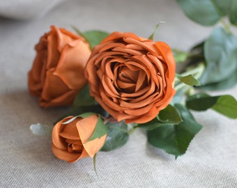 3 Heads! Terracotta Flowers, Fall Decoration, Burnt Orange Roses, Toffee Rose, Rust flowers, Real Touch Roses, Cabbage Rose1548