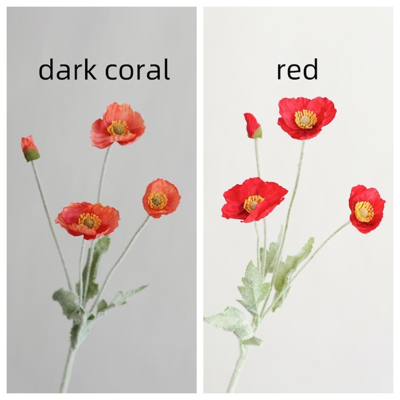 Peut inclure: Deux tiges de fleurs de pavot artificielles avec cinq fleurs chacune. La tige de gauche a des fleurs de couleur corail fonc&eacute; et la tige de droite a des fleurs rouges.