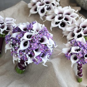 Calla Lilies Wedding Package-Picasso Purple Calla Lilies Silk Bridal Bouquet Real Touch Flowers PU Real Touch Roses
