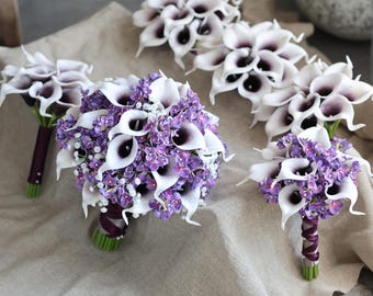 Calla Lilies Wedding Package-Picasso Purple Calla Lilies Silk Bridal Bouquet Real Touch Flowers PU Real Touch Roses