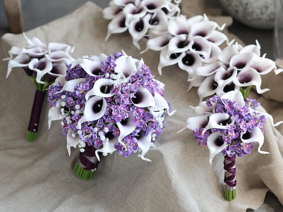 Calla Lilies Wedding Package-Picasso Purple Calla Lilies Silk Bridal Bouquet Real Touch Flowers PU Real Touch Roses