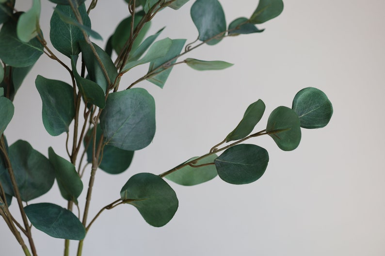 Op de afbeelding: Een bos kunstmatige eucalyptus stengels met groene bladeren. De stengels zijn bruin en hebben een natuurlijke uitstraling.