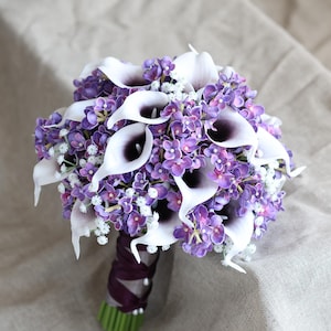 Calla Lilies Wedding Package-Picasso Purple Calla Lilies Silk Bridal Bouquet Real Touch Flowers PU Real Touch Roses image 9
