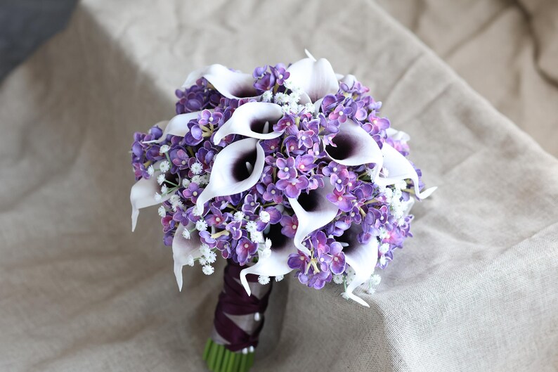 Calla Lilies Wedding Package-Picasso Purple Calla Lilies Silk Bridal Bouquet Real Touch Flowers PU Real Touch Roses image 9