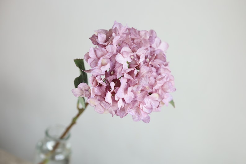 Puede incluir: Un solo tallo de flores de hortensia artificiales de color lila claro. Las flores est&aacute;n agrupadas en forma redonda.