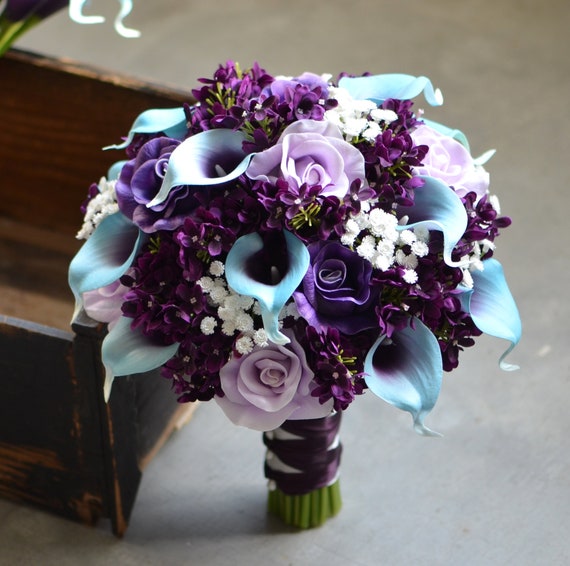 Blue Purple Bridal Bouquet Real Touch Calla Lilies Roses Silk Etsy