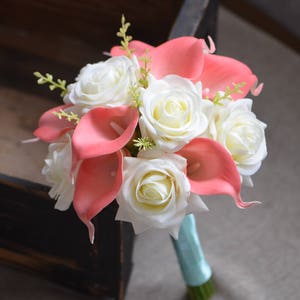 Coral Bridesmaids Bouquet Ivory Roses Coral Calla Lilies Real Touch Flowers Silk Flower Wedding Bouquets