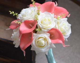 Coral Bridesmaids Bouquet Ivory Roses Coral Calla Lilies Real Touch Flowers Silk Flower Wedding Bouquets