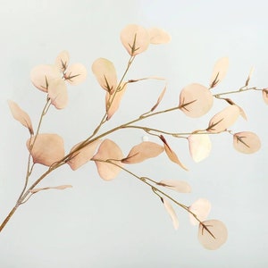 May include: A branch of artificial eucalyptus leaves with a light brown color. The leaves are round and have a delicate texture.