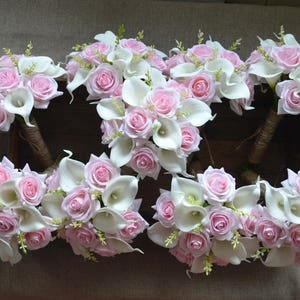 Rustic Bridesmaids Bouquet Baby Pink Roses bouquet Ivory Calla Lilies Real Touch Flowers Silk Flower Wedding Bouquets Calla Lily Bouquet