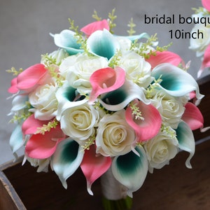 Wedding Bouquets, Teal Bridal Bouquets, Coral Pink Wedding Bouquets, Bridesmaids Bouquets