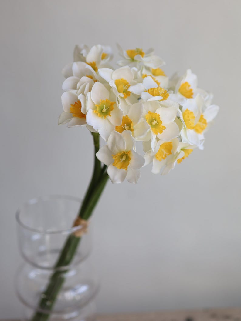 Peut inclure: Un bouquet de jonquilles blanches avec des centres jaunes dispos&eacute; dans un vase en verre transparent. Le vase a une forme ronde et bulbeuse.