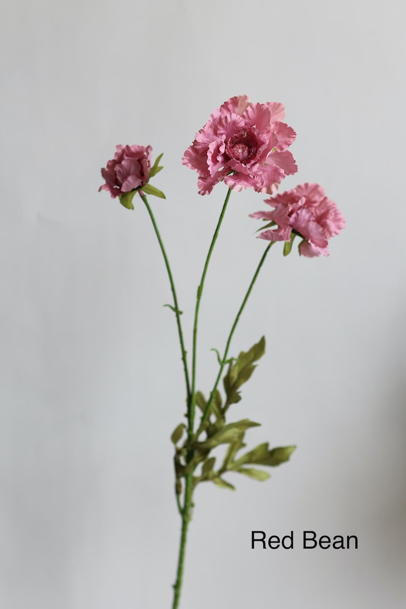 May include: A stem of artificial flowers featuring three dusty rose-colored blooms with ruffled petals and green leaves on a thin stalk. The text "Red Bean" is printed in black in the bottom right corner of the image.