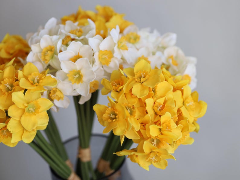 Peut inclure: Un bouquet de jonquilles jaunes et blanches. Les fleurs sont dispos&eacute;es dans un vase et ont de longues tiges vertes.